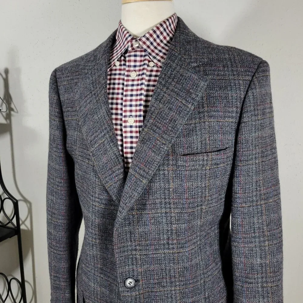 VTG John Alexander Men's Tweed Sport Coat Blazer‎ Two Button Plaid Gray Sz 44R